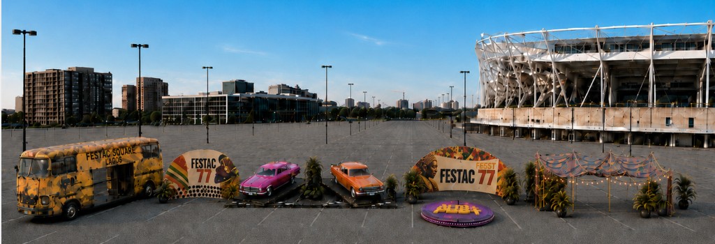 Festac Square lot layout — danfo entry, FESTAC ’77 photo arches, Show Body cars, TON platform, market tent at Northwest Stadium